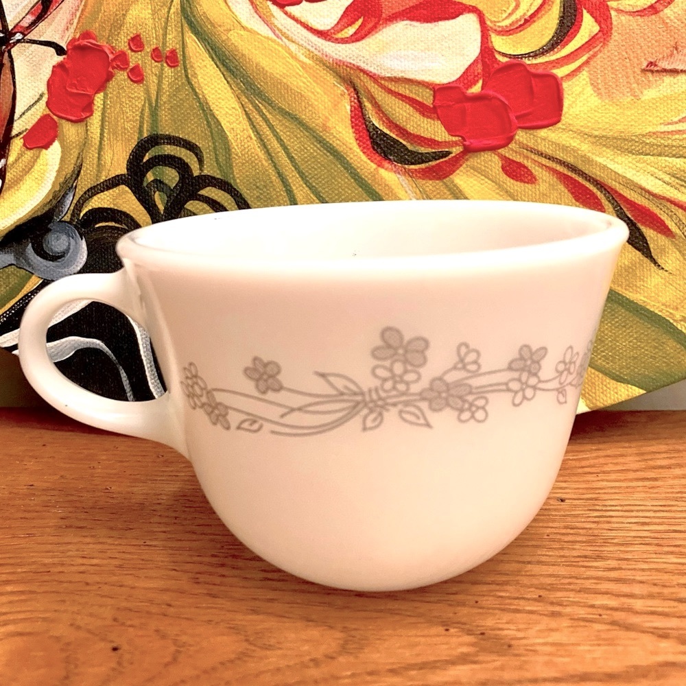 Vintage PYREX Gray Ribbon Bouquet Milk Glass Mug